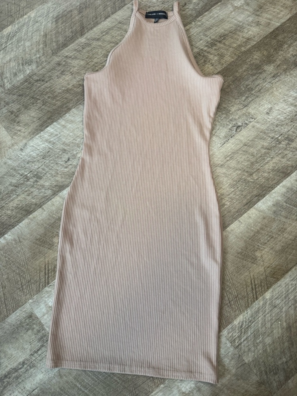Carli Bybel x Misguided size small-sleeveless midi tank dress tan ribbed fabric